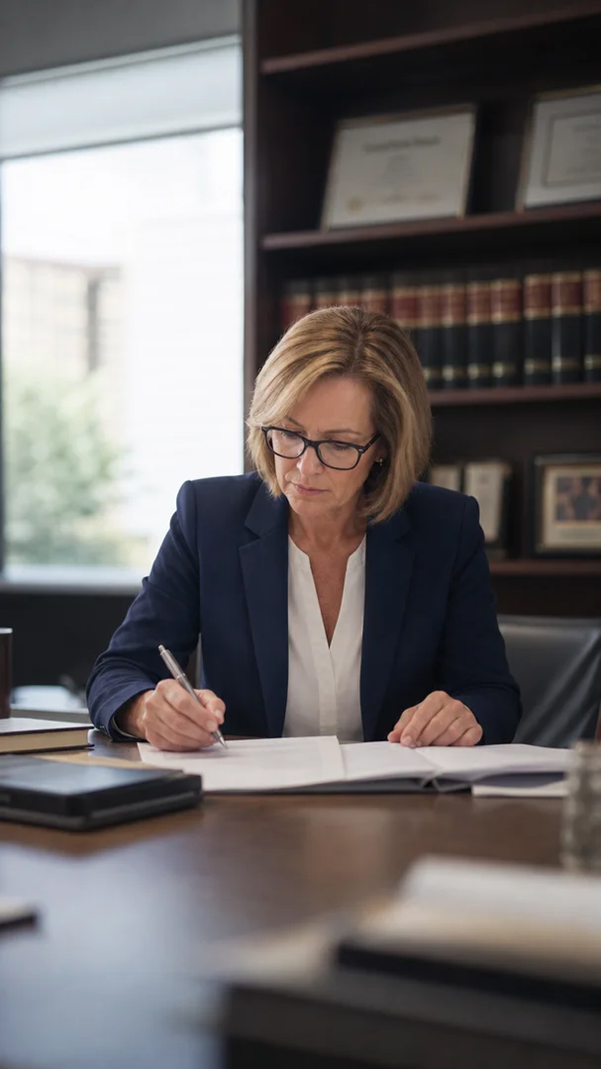 Lawyer sitting at a desk writing in a document.