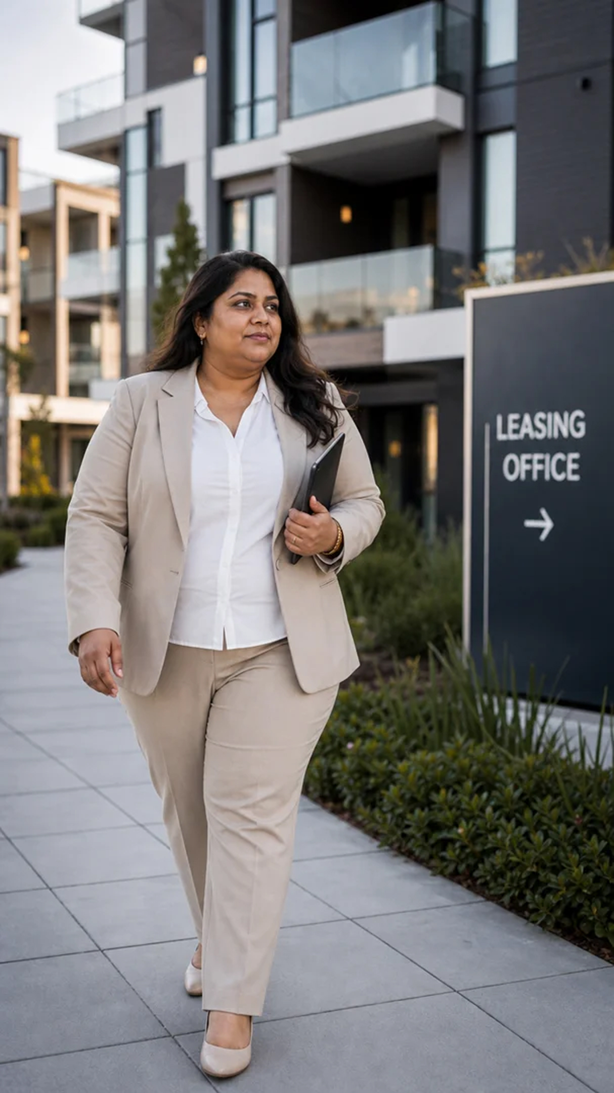 Property professional walking past a leasing office.